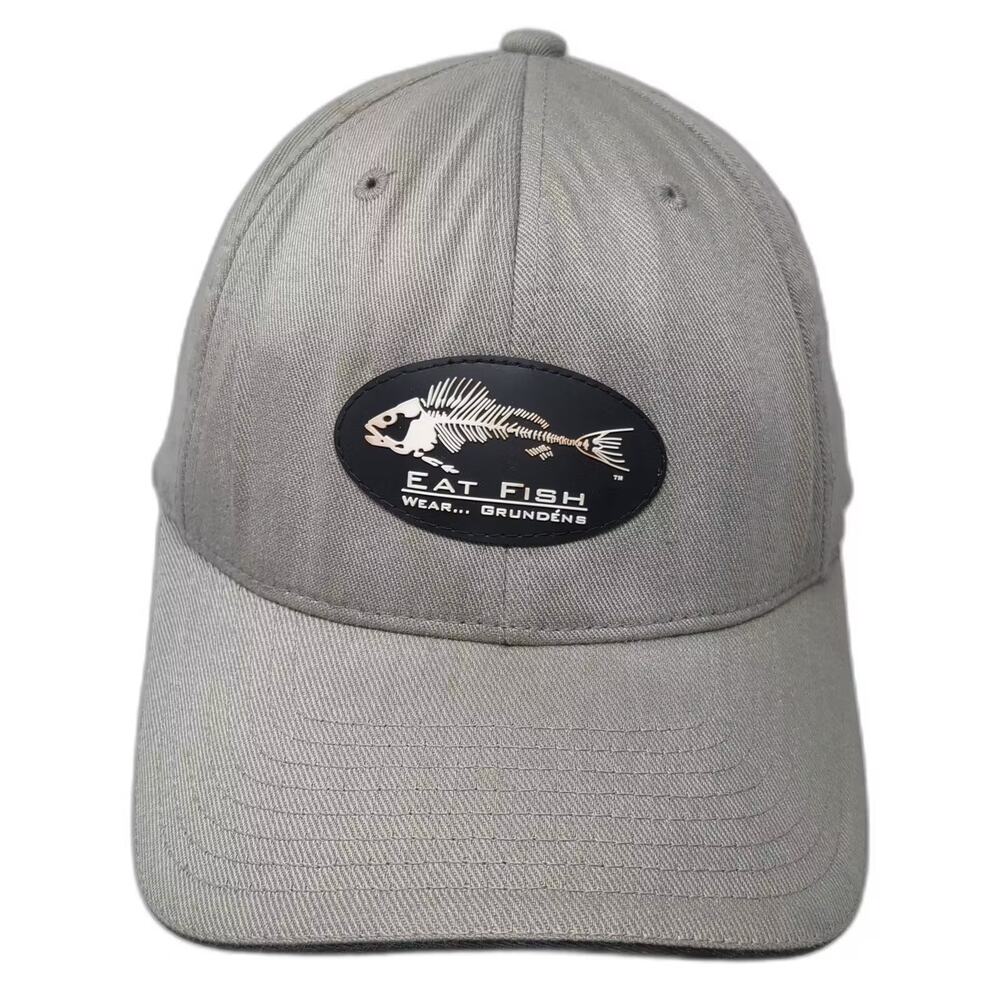 Grundéns Baseball Cap Gray Black XL Hat Fish Skeleton Flexfit Yupoong Patch Logo